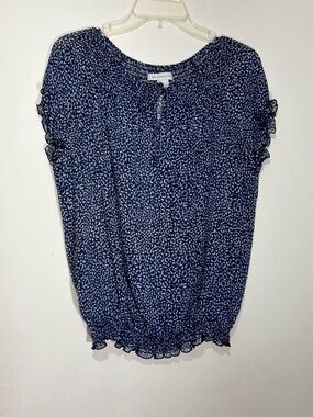 Liz Claiborne Navy Blue Printed Short Sleeve Blouse size L